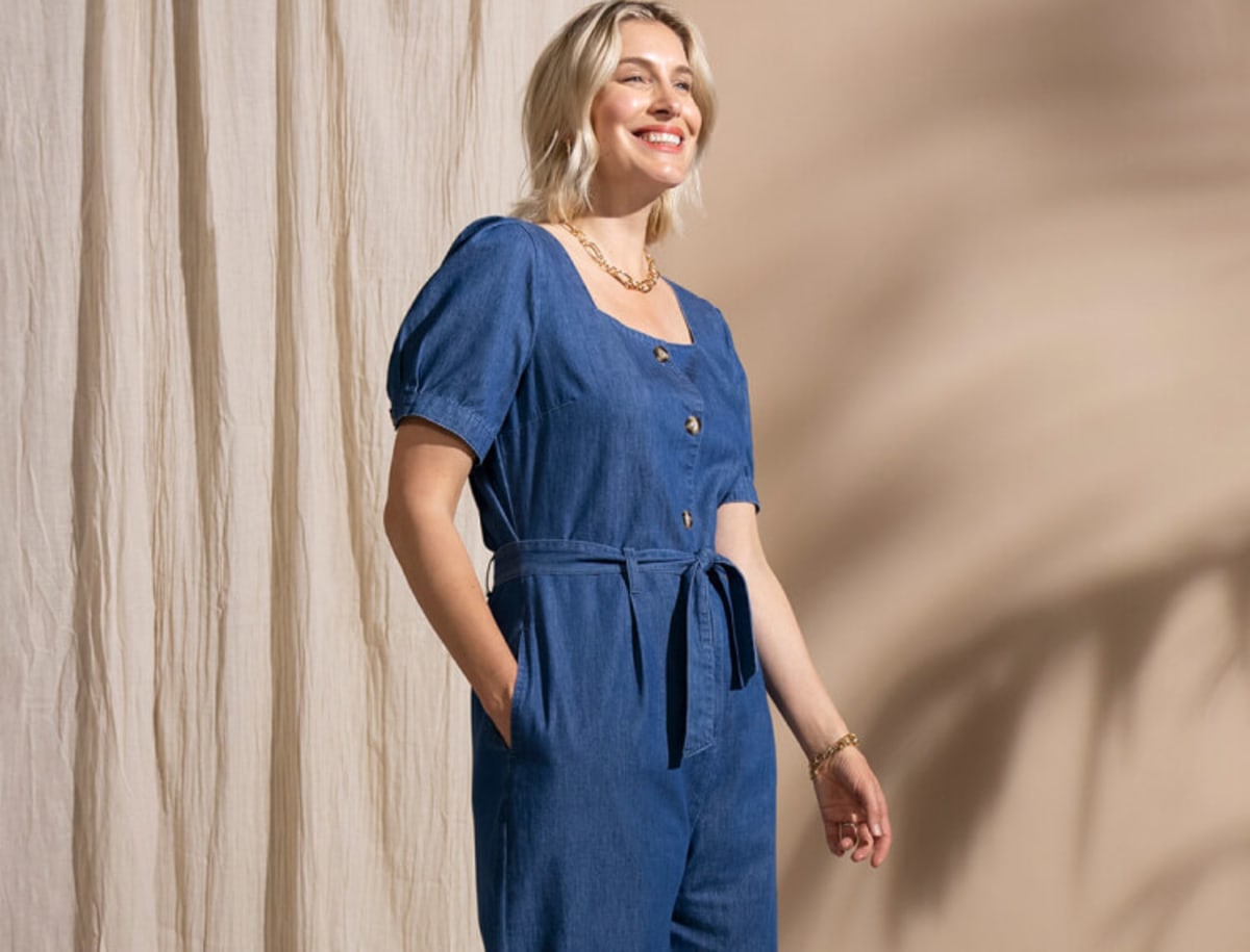 Woman wearing blue dress